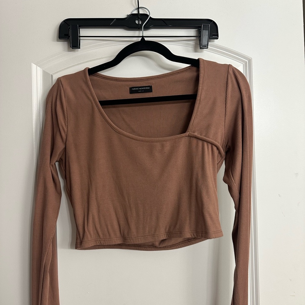 Naked Wardrobe Nude Long Sleeve Cropped Top L